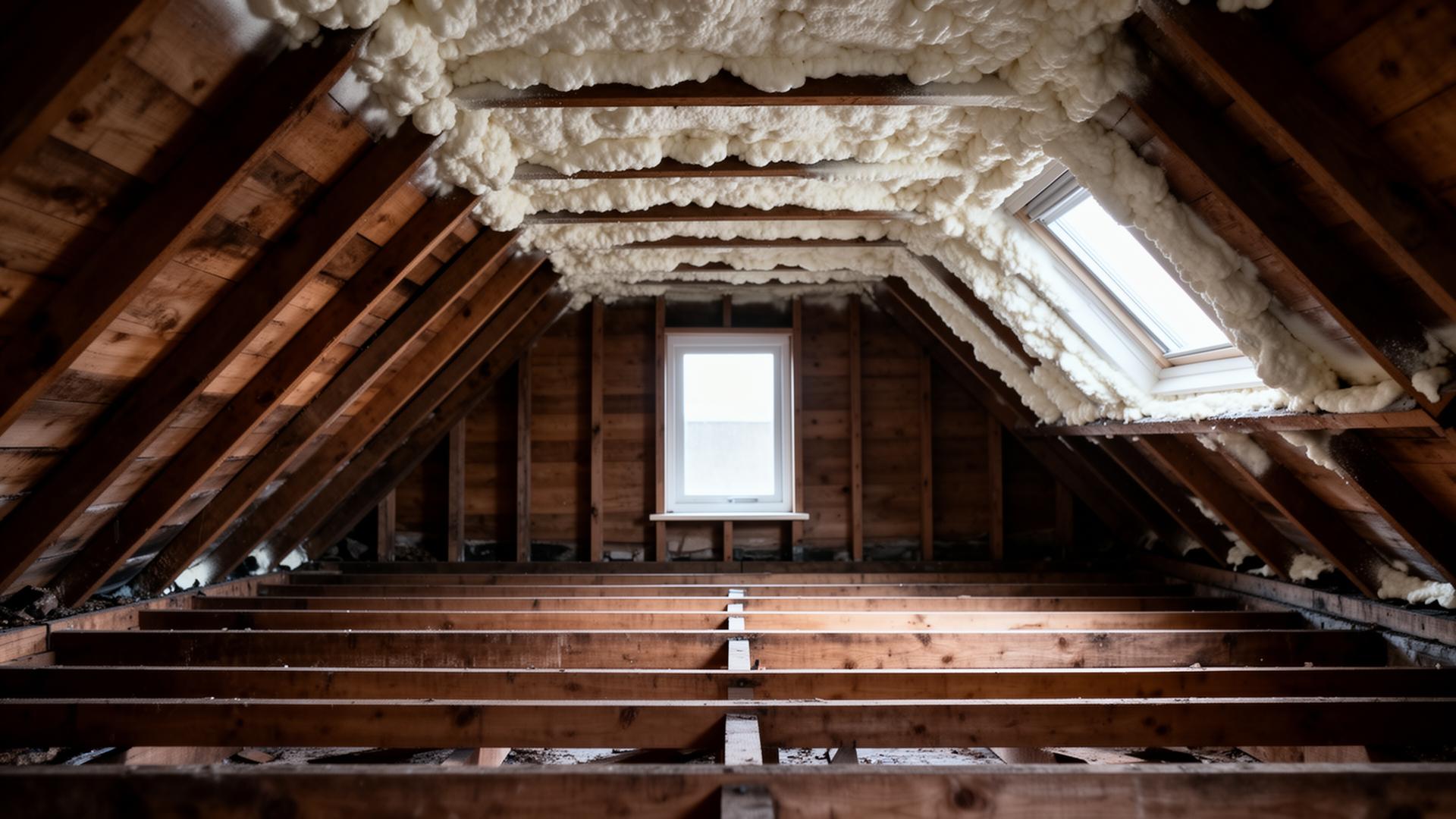 Loft interior showing spray foam insulation between roof rafters in a UK property